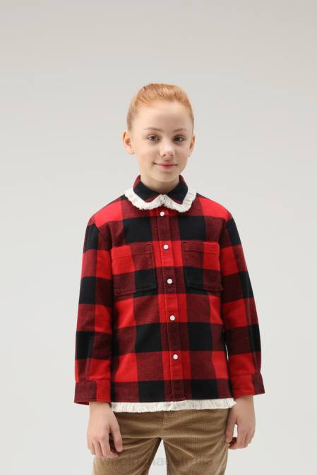 Woolrich Girls G Flannel Buffalo Check Overshirt with Fringe Red Buffalo Clothing J026916