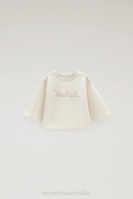 Woolrich Girls G Fleece Cropped Crewneck in Cotton Fleece with Wide Sleeves Milky Cream Clothing J026895