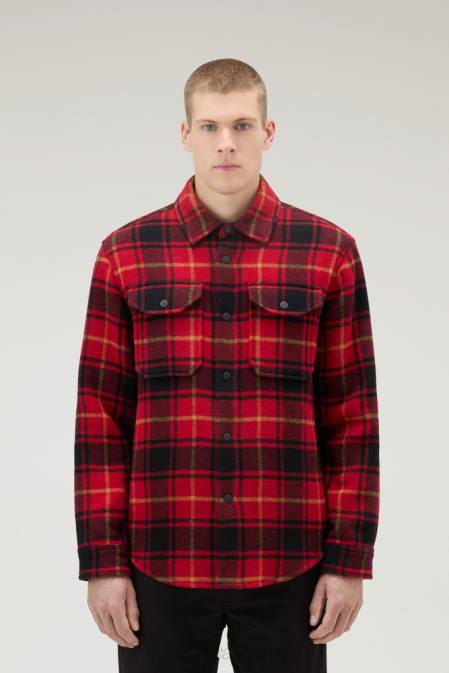 Woolrich Men Alaskan Check Overshirt in Bonded Wool Blend Red Check Clothing J026654