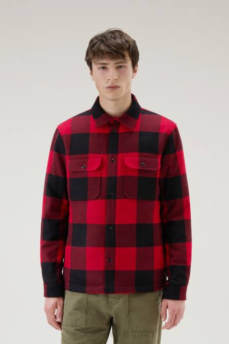 Woolrich Men Alaskan Padded Check Overshirt in Recycled Italian Wool Blend Red Buffalo Clothing J026646