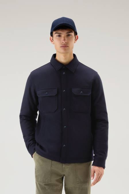 Woolrich Men Alaskan Padded Overshirt in Recycled Italian Wool Blend Melton Blue Clothing J026638