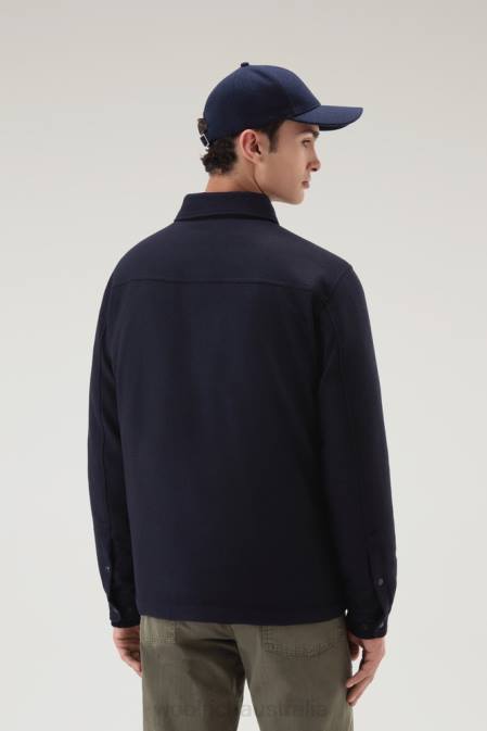 Woolrich Men Alaskan Padded Overshirt in Recycled Italian Wool Blend Melton Blue Clothing J026638