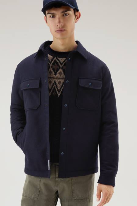Woolrich Men Alaskan Padded Overshirt in Recycled Italian Wool Blend Melton Blue Clothing J026638
