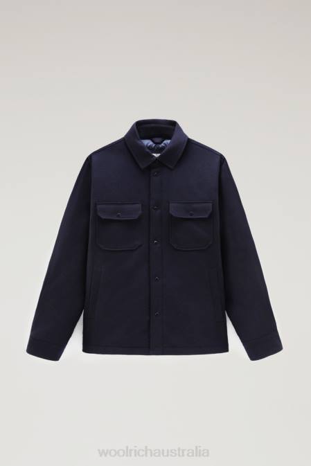 Woolrich Men Alaskan Padded Overshirt in Recycled Italian Wool Blend Melton Blue Clothing J026638