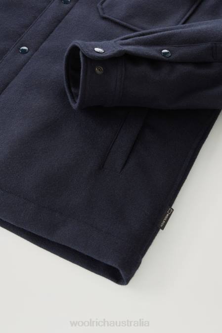 Woolrich Men Alaskan Padded Overshirt in Recycled Italian Wool Blend Melton Blue Clothing J026638