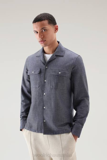 Woolrich Men Overshirt in a Cotton Linen Blend Blue Herringbone Clothing J026436
