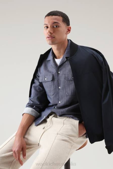 Woolrich Men Overshirt in a Cotton Linen Blend Blue Herringbone Clothing J026436