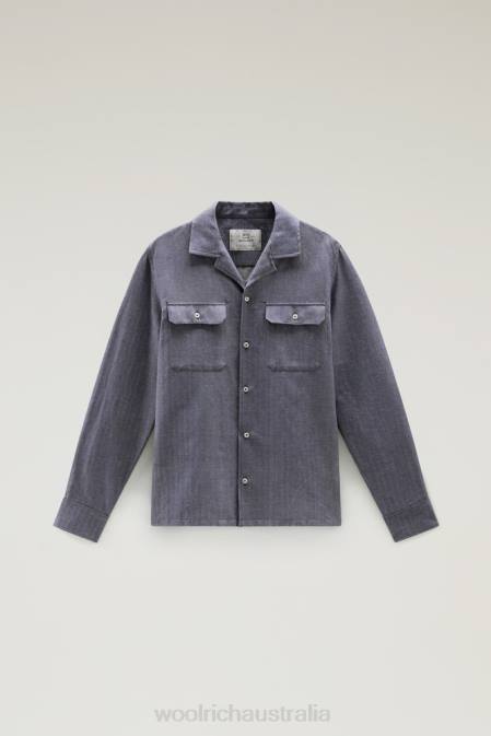 Woolrich Men Overshirt in a Cotton Linen Blend Blue Herringbone Clothing J026436