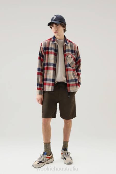 Woolrich Men Timber Check Overshirt in Manteco Wool Cotton Blend Fabric Red Check Clothing J026397