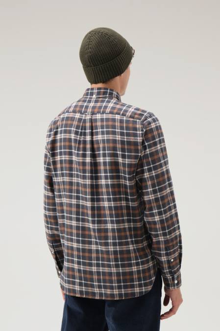 Woolrich Men Checked Shirt in Wool Blend Flannel Brown Check Clothing J026699