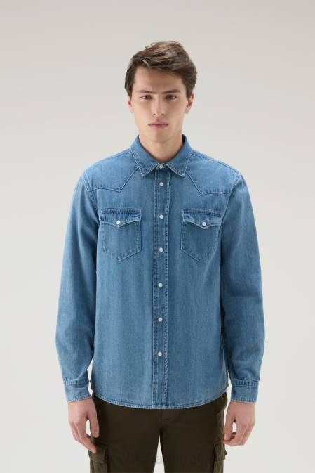 Woolrich Men Denim Shirt in Pure Cotton Bleached Denim Clothing J026625