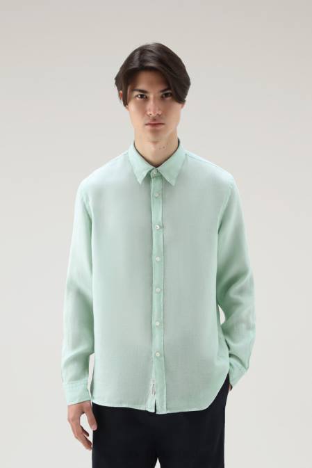 Woolrich Men Garment-Dyed Pure Linen Shirt Harbor Green Clothing J026404