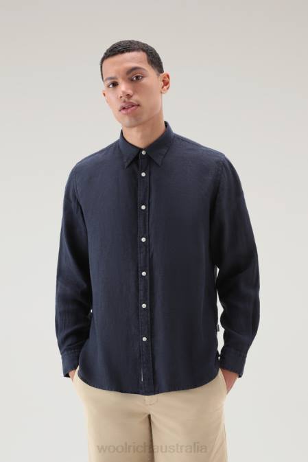 Woolrich Men Garment-Dyed Pure Linen Shirt Melton Blue Clothing J026376