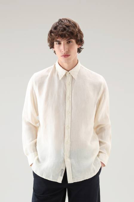 Woolrich Men Garment-Dyed Pure Linen Shirt Milky Cream Clothing J026408