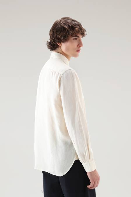 Woolrich Men Garment-Dyed Pure Linen Shirt Milky Cream Clothing J026408
