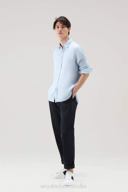 Woolrich Men Garment-Dyed Pure Linen Shirt Pale Indigo Clothing J026548