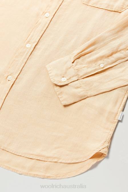 Woolrich Men Garment-Dyed Pure Linen Shirt with Band Collar Beach Sand Clothing J026555