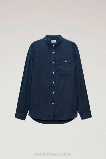Woolrich Men Garment-Dyed Pure Linen Shirt with Band Collar Melton Blue Clothing J026635
