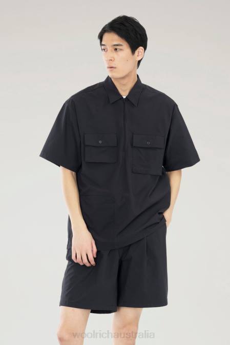 Woolrich Men High Aeration Pullover Shirt in Stretch Ripstop Black Clothing J026543