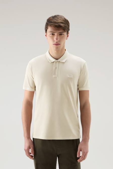 Woolrich Men Mackinack Polo in Garment-Dye Stretch Cotton Piquet Milky Cream Clothing J026810