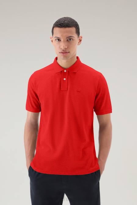 Woolrich Men Polo Shirt in Pure Cotton Piquet Marine Scarlet Clothing J026468