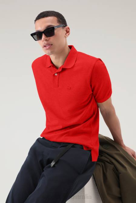 Woolrich Men Polo Shirt in Pure Cotton Piquet Marine Scarlet Clothing J026468