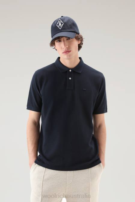 Woolrich Men Polo Shirt in Pure Cotton Piquet Melton Blue Clothing J026387