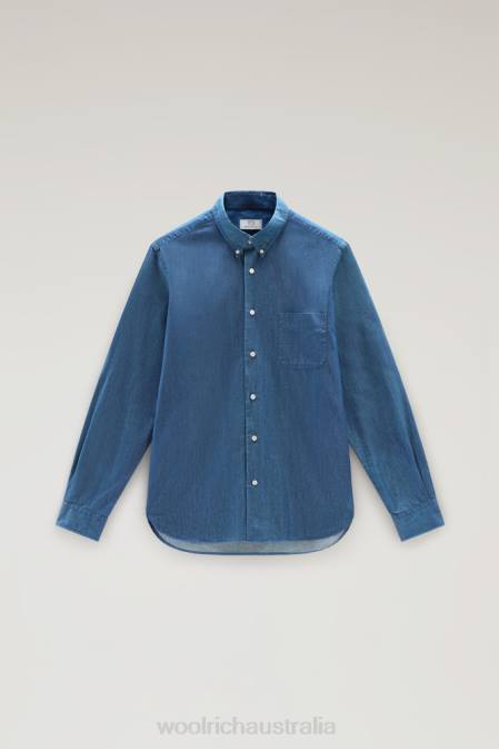 Woolrich Men Shirt in Pure Cotton Chambray Bleached Indigo Clothing J026712