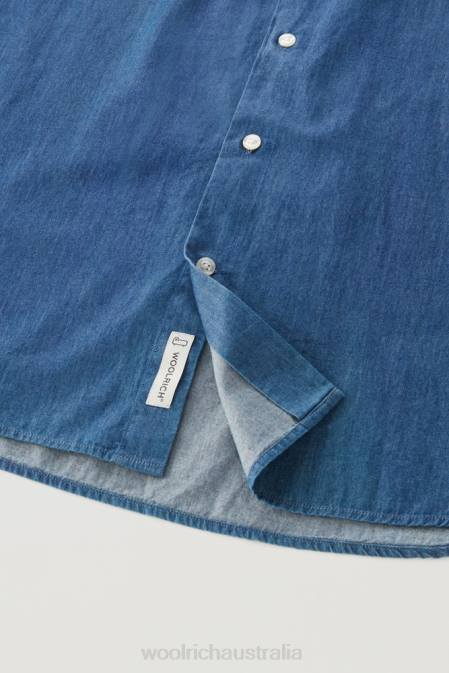 Woolrich Men Shirt in Pure Cotton Chambray Bleached Indigo Clothing J026712