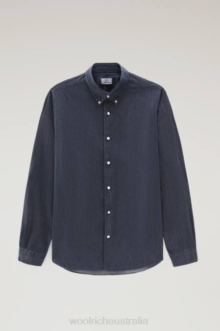 Woolrich Men Shirt in Pure Cotton Chambray Dark Indigo Clothing J026660