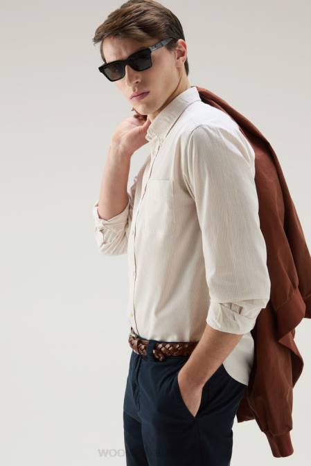 Woolrich Men Striped Shirt in a Linen Cotton Blend Beach Sand Stripe Clothing J026567