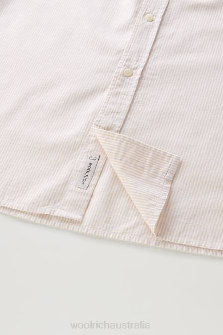 Woolrich Men Striped Shirt in a Linen Cotton Blend Beach Sand Stripe Clothing J026567