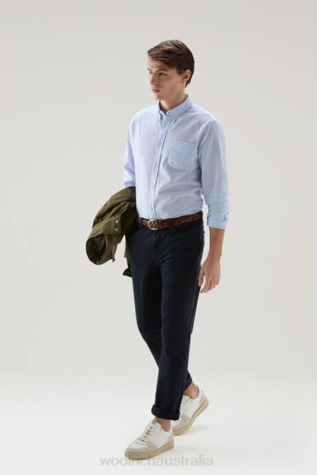 Woolrich Men Striped Shirt in a Linen Cotton Blend Summer Sky Stripe Clothing J026546