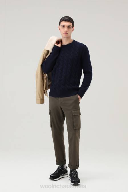 Woolrich Men Cable-Knit Crewneck in Virgin Wool Melton Blue Clothing J026700