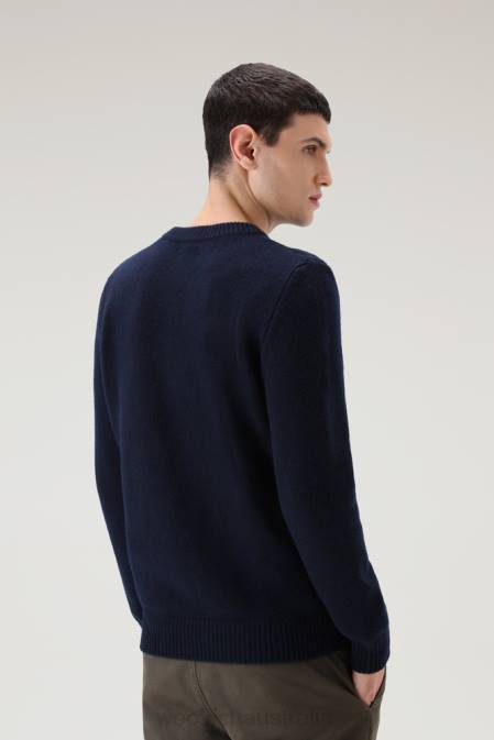 Woolrich Men Cable-Knit Crewneck in Virgin Wool Melton Blue Clothing J026700