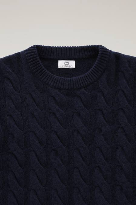 Woolrich Men Cable-Knit Crewneck in Virgin Wool Melton Blue Clothing J026700