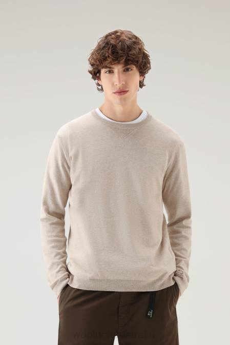 Woolrich Men Crewneck Sweater in Pure Cotton Beige Melange Clothing J026375