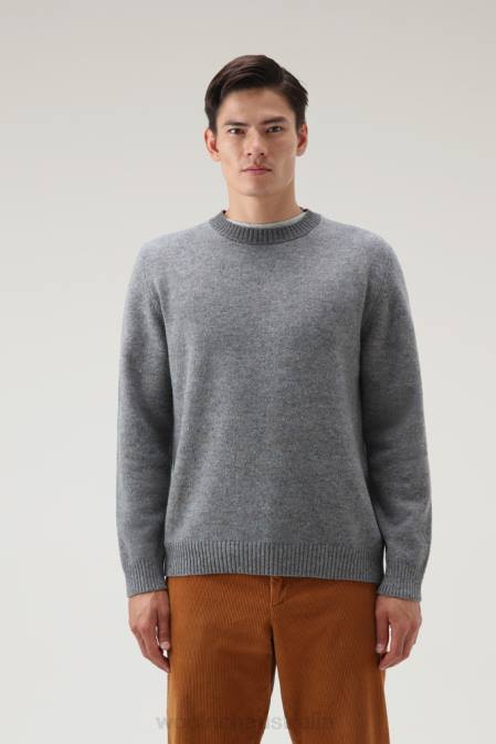 Woolrich Men Merino Virgin Wool Crewneck with Tweed-Effect Grey Melange Clothing J026718