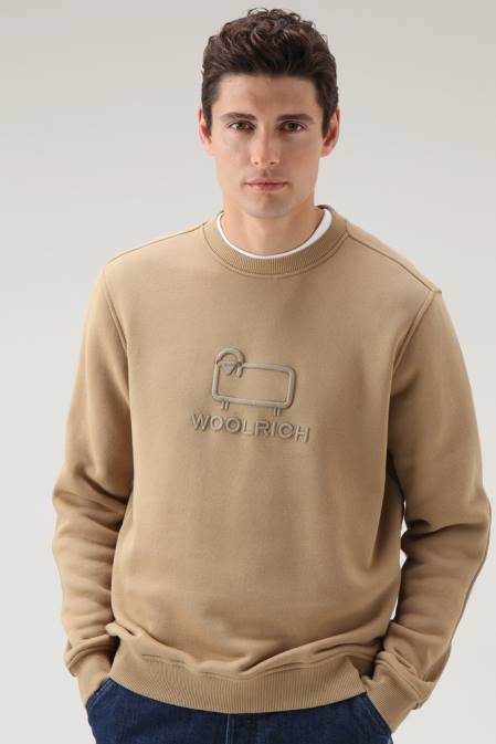 Woolrich Men Classic Fleece Crewneck with Embroidered Logo Gold Khaki Clothing J026713