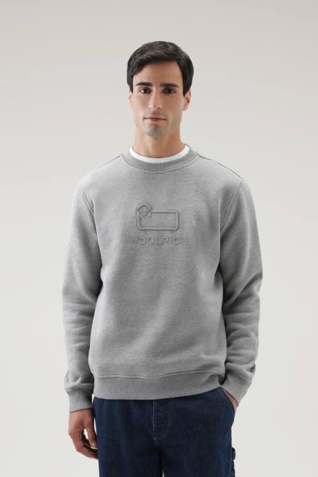 Woolrich Men Classic Fleece Crewneck with Embroidered Logo Medium Grey Melange Clothing J026710