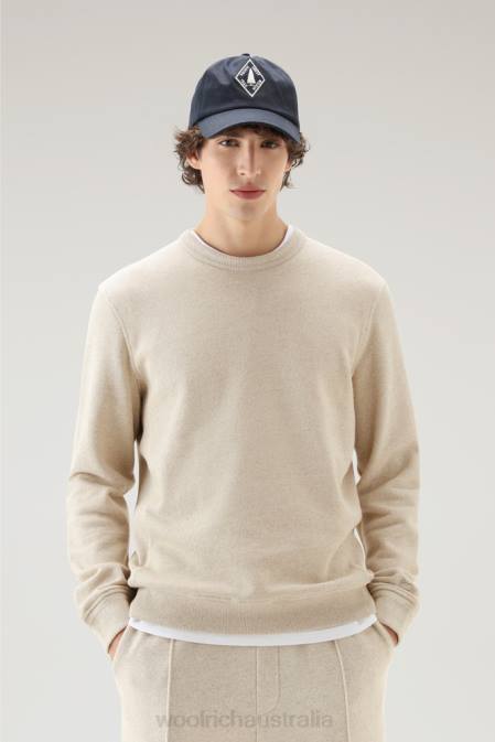 Woolrich Men Crewneck Sweater in a Linen Cotton Fleece Blend Beach Sand Clothing J026602