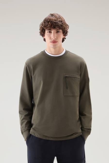 Woolrich Men Crewneck in Pure Cotton Fleece with Zip Pocket Dark Green Clothing J026454