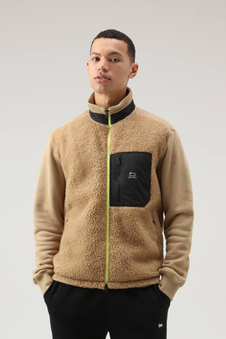 Woolrich Men Curly Fleece Full-Zip Jacket Gold Khaki Clothing J026696