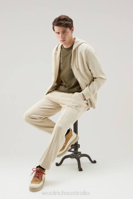 Woolrich Men Full Zip Hoodie in a Linen Cotton Fleece Blend Beach Sand Clothing J026512