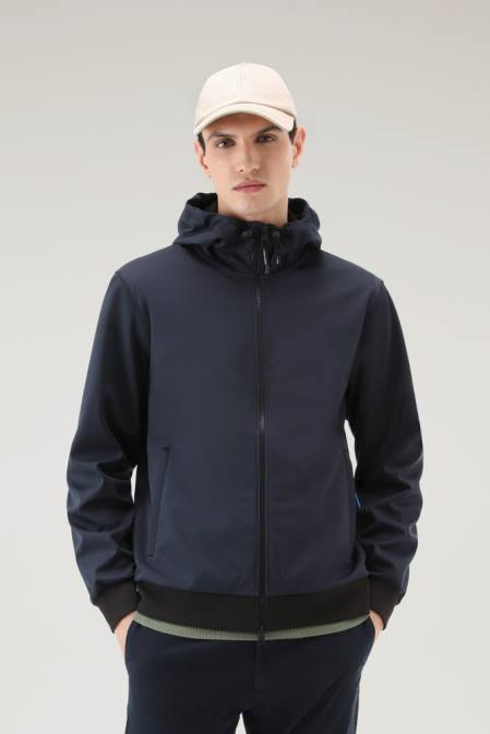 Woolrich Men Full zip Hoodie in Softshell Melton Blue Clothing J026416
