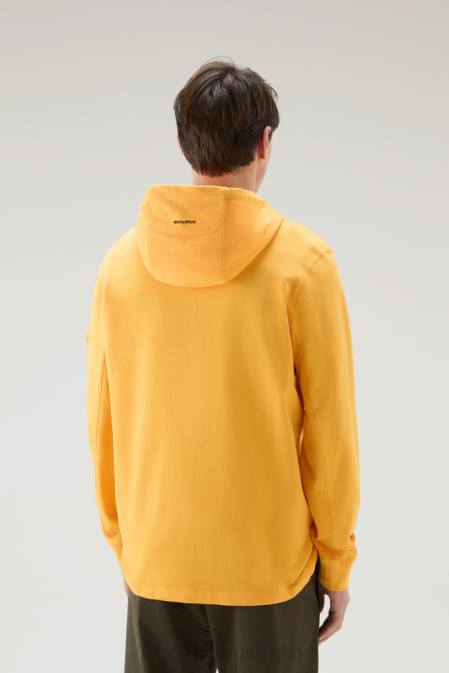 Woolrich Men Hoodie in Pure Cotton Fleece with Zip Pocket Fire Yellow Clothing J026549