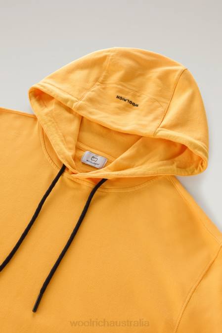 Woolrich Men Hoodie in Pure Cotton Fleece with Zip Pocket Fire Yellow Clothing J026549
