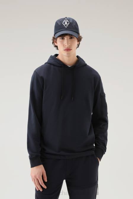 Woolrich Men Hoodie in Pure Cotton Fleece with Zip Pocket Melton Blue Clothing J026394