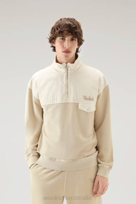 Woolrich Men Sweatshirt in Garment-Dyed Cotton and Poplin Cotton Beach Sand Clothing J026466