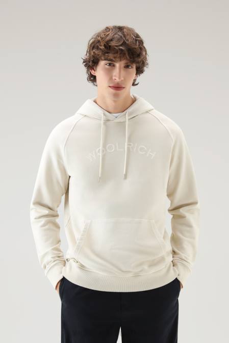 Woolrich Men Varsity Hoodie in Garment-Dyed Pure Cotton Fleece Milky Cream Clothing J026494